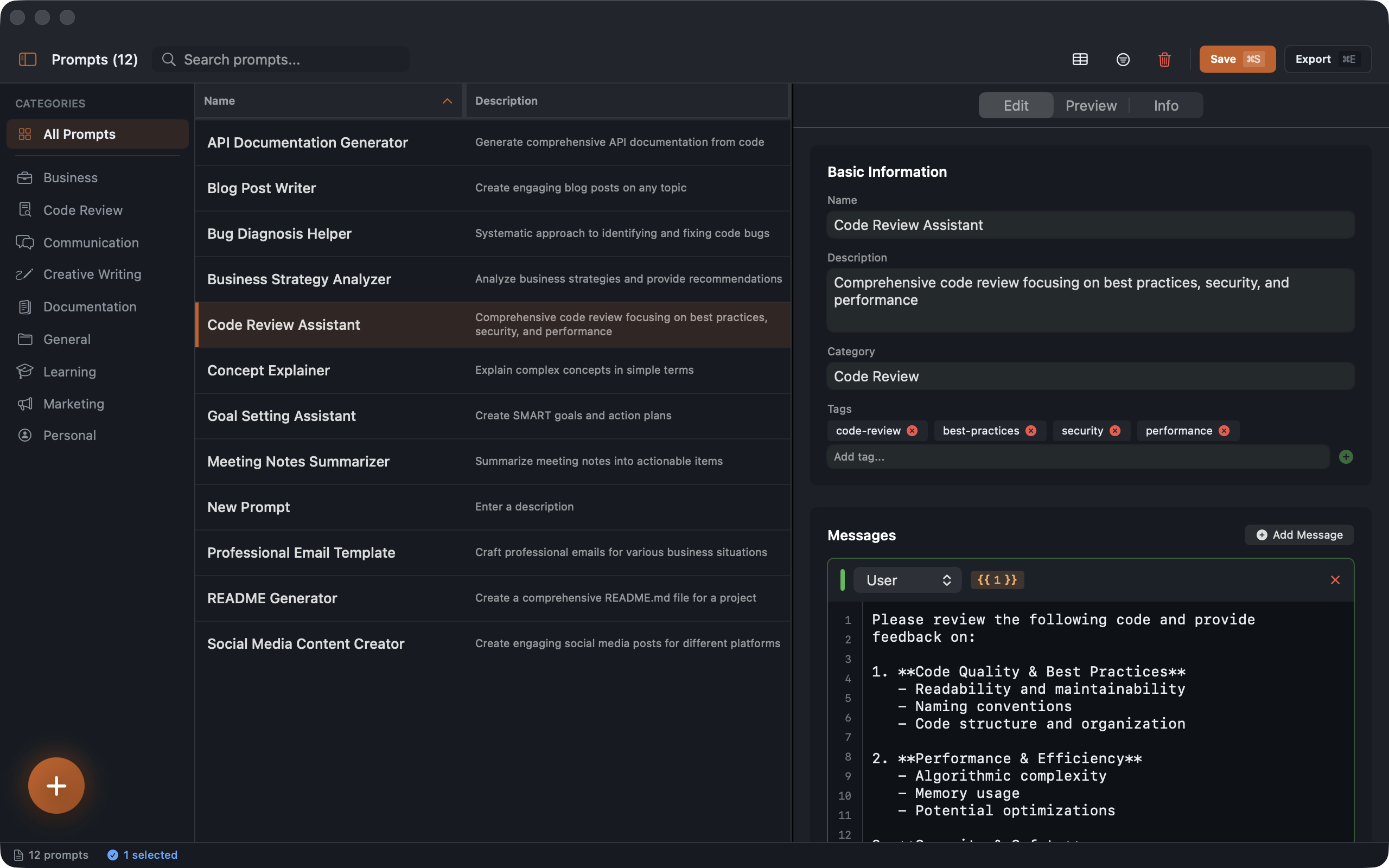 Lexicon main interface showing prompt library with categories, search, and editor