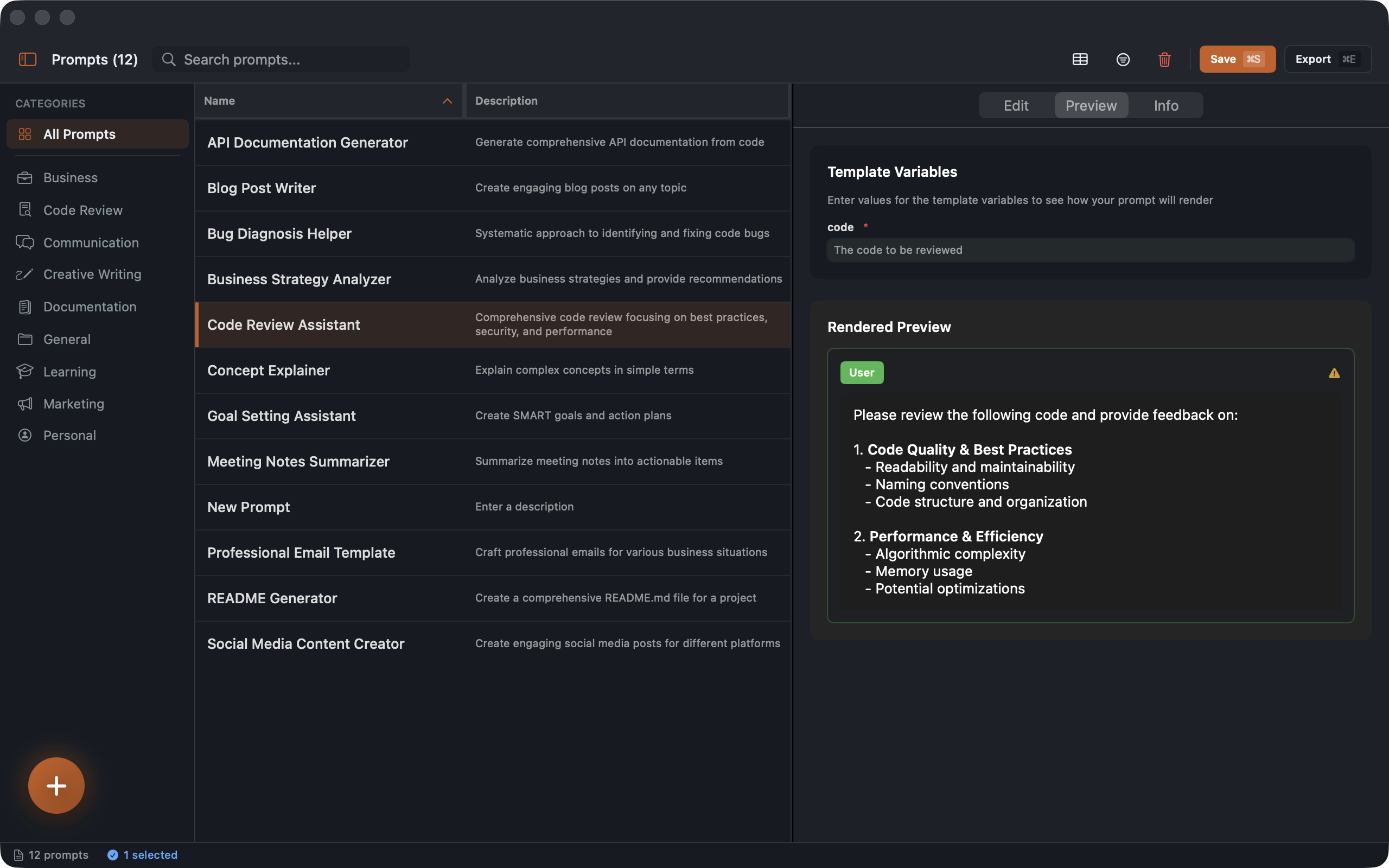 Lexicon template preview with variable substitution