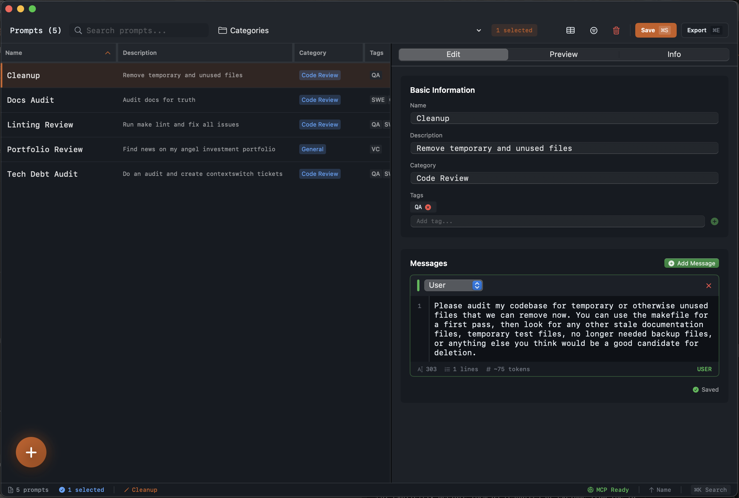 Lexicon prompt editor showing categorized prompts with template editing, preview, and MCP integration status