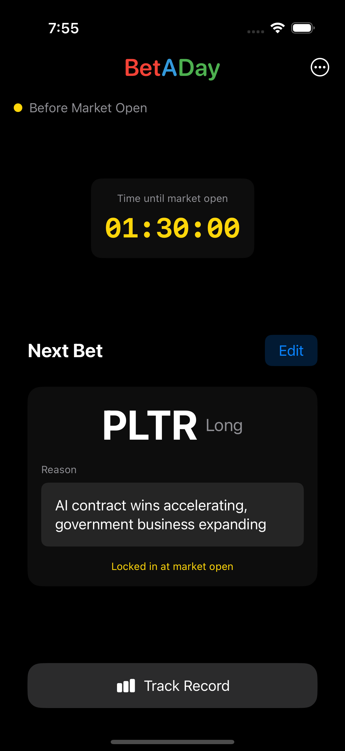 BetADay iPhone app showing market countdown timer and daily bet with ticker, direction, and reasoning