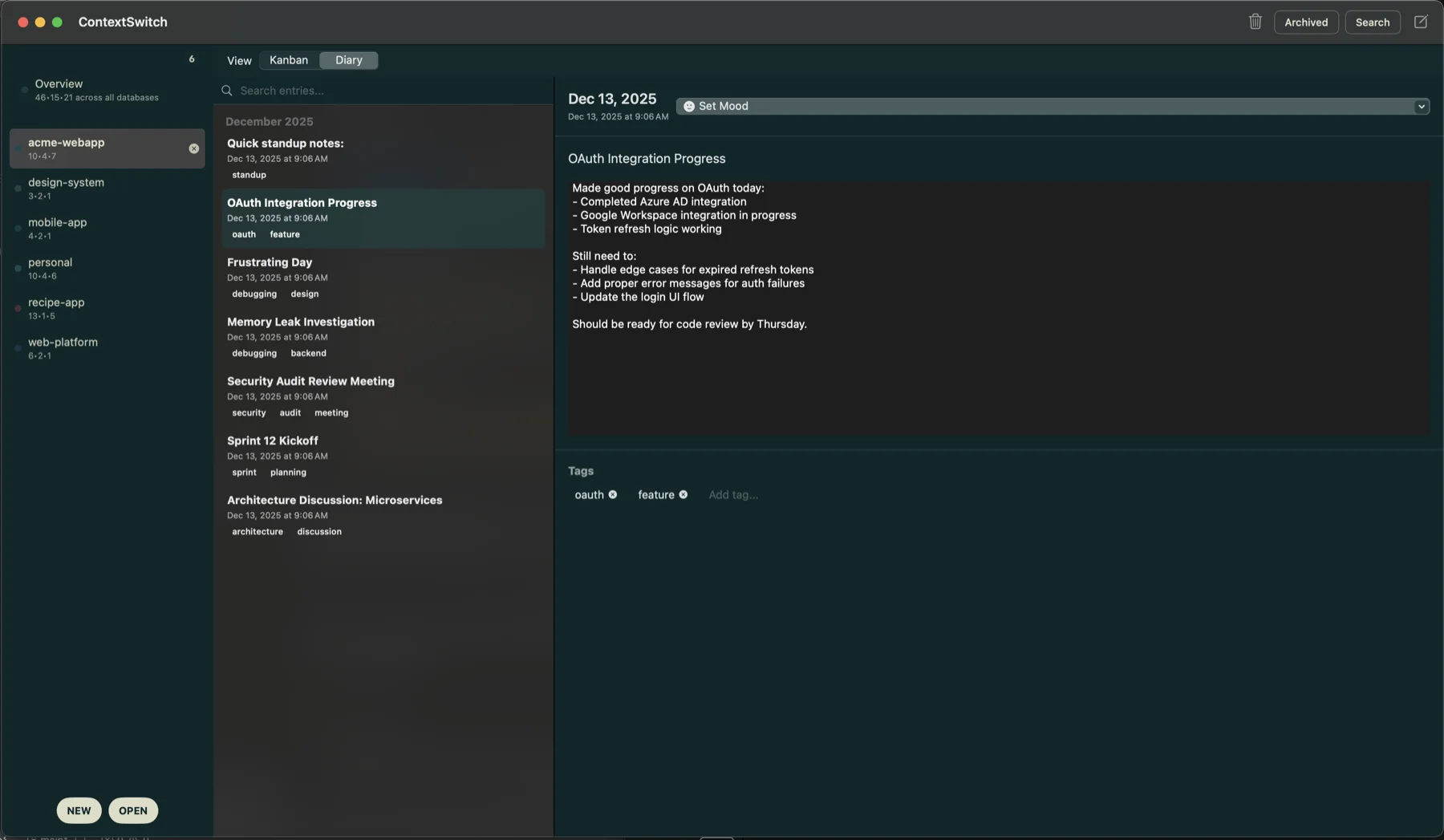 ContextSwitch project activity diary
