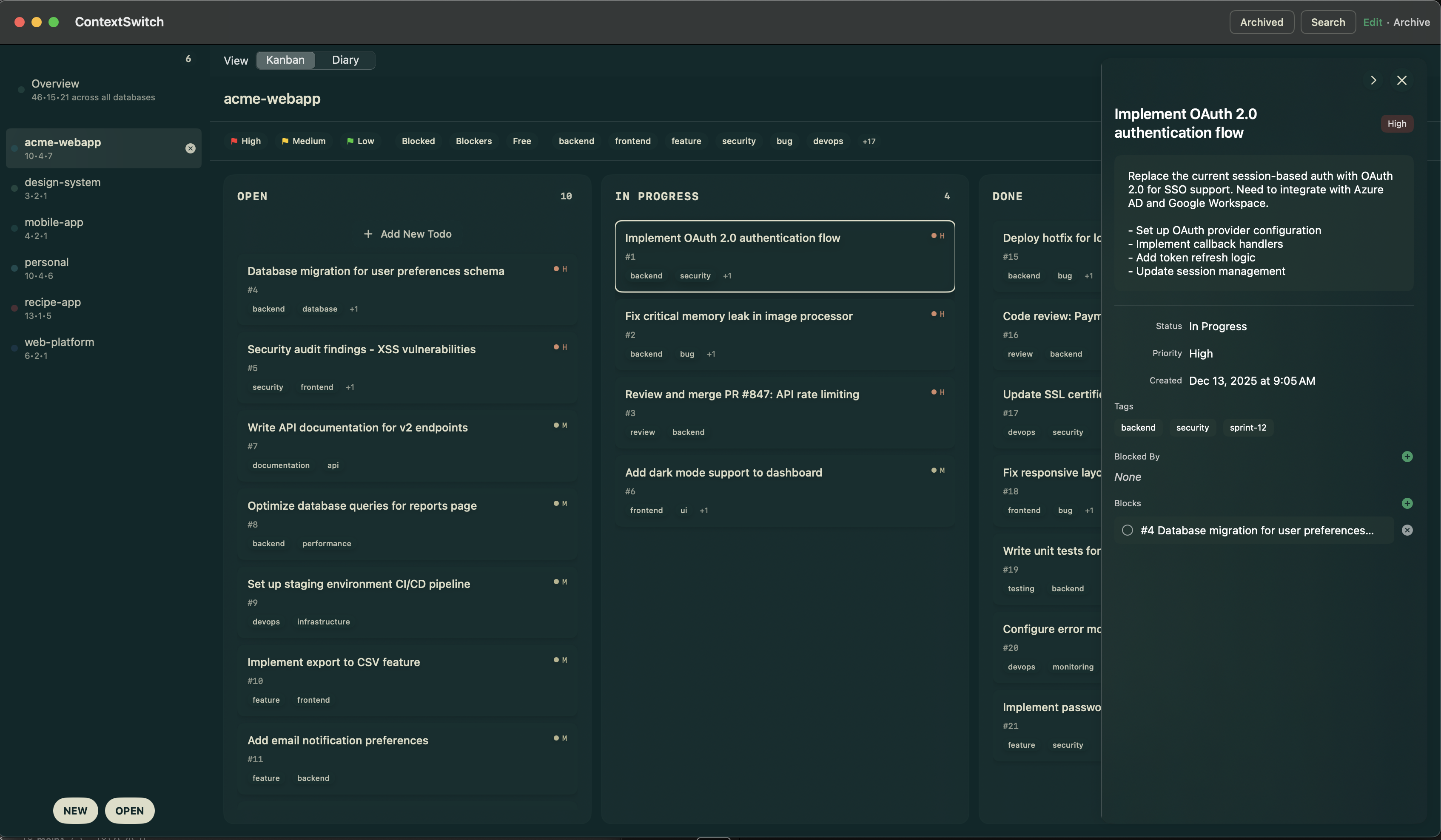 ContextSwitch kanban board integrated with Claude Code via MCP