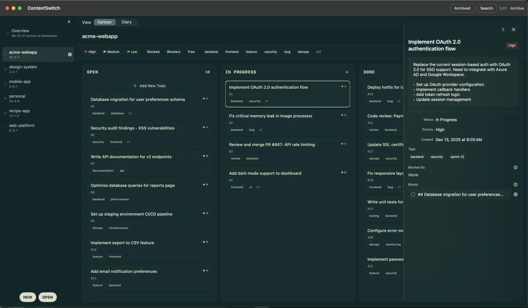 ContextSwitch kanban board with project tasks