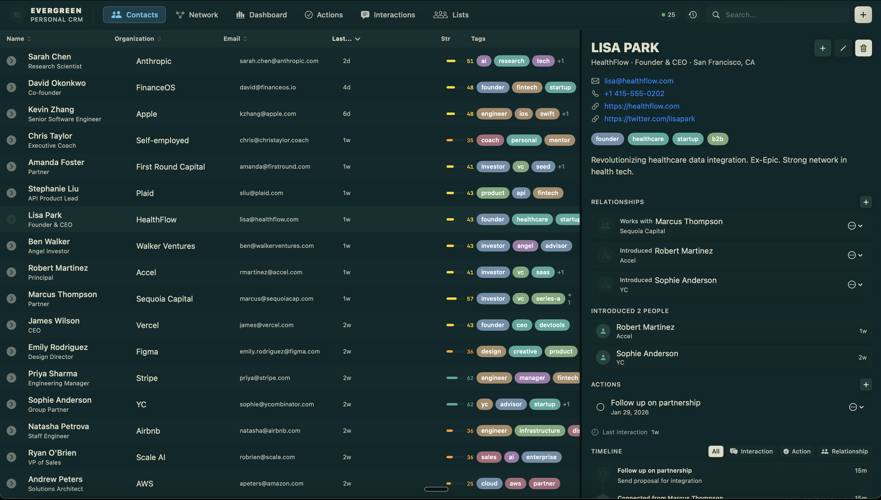Evergreen contacts view with client details, interaction history, and smart search