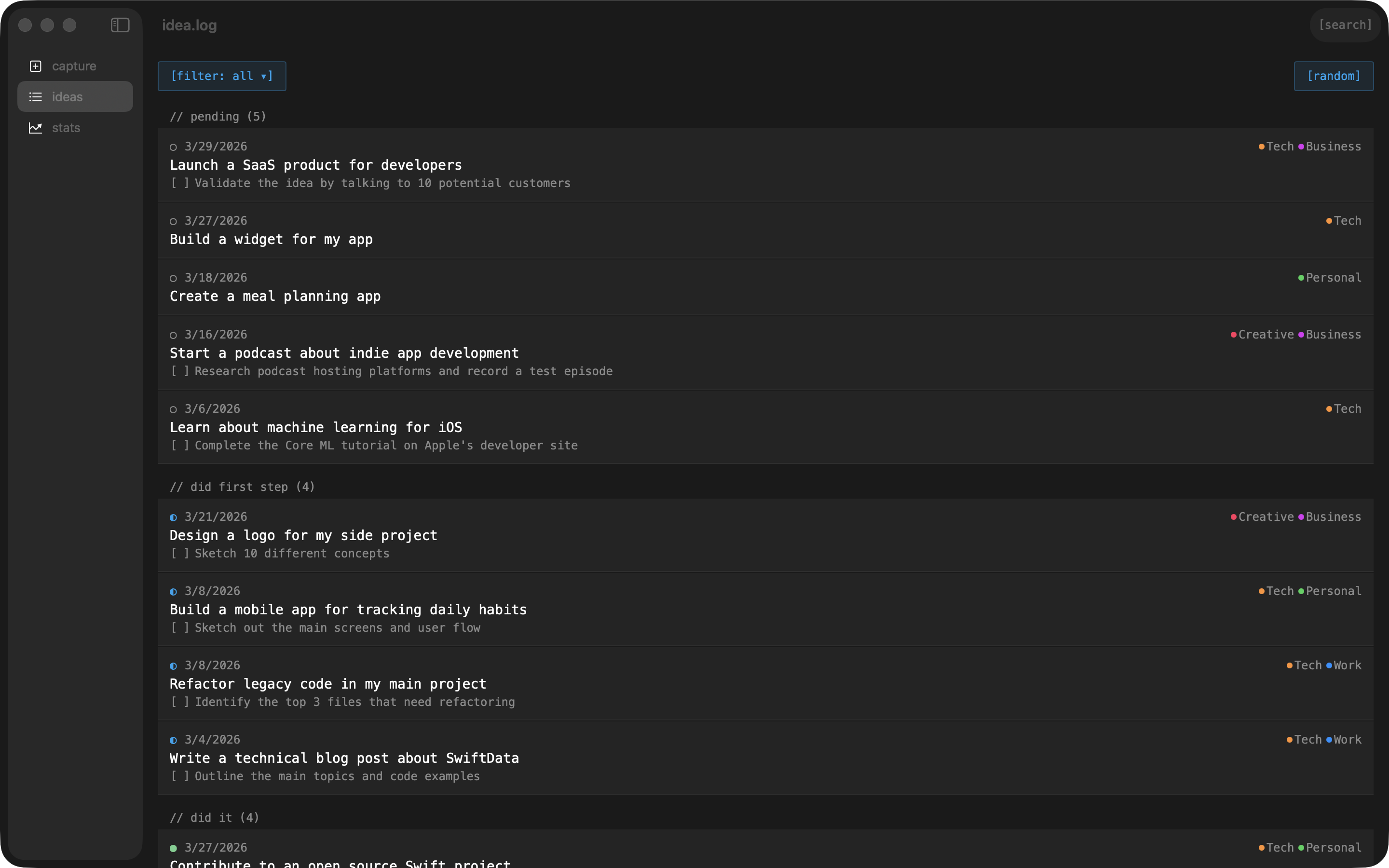 idea.log showing a list of developer ideas organized by status with tags, dates, and first steps