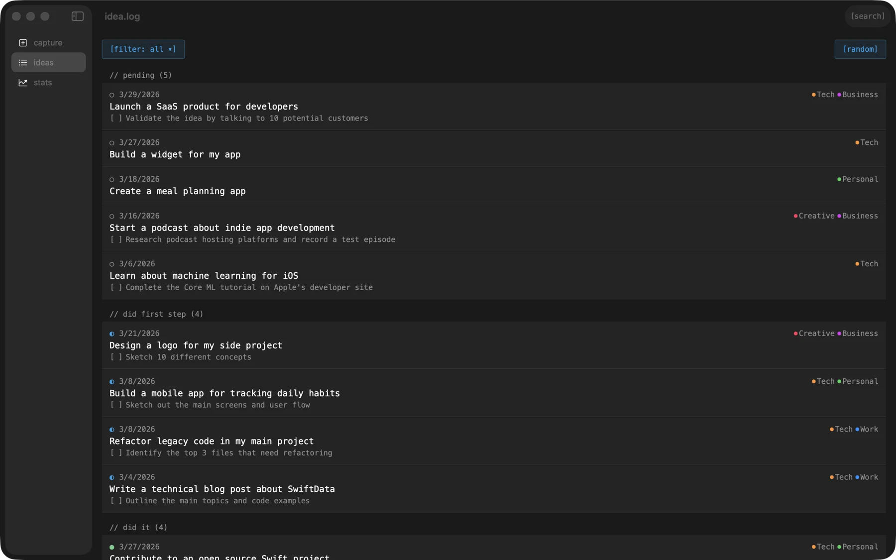 idea.log captured ideas list